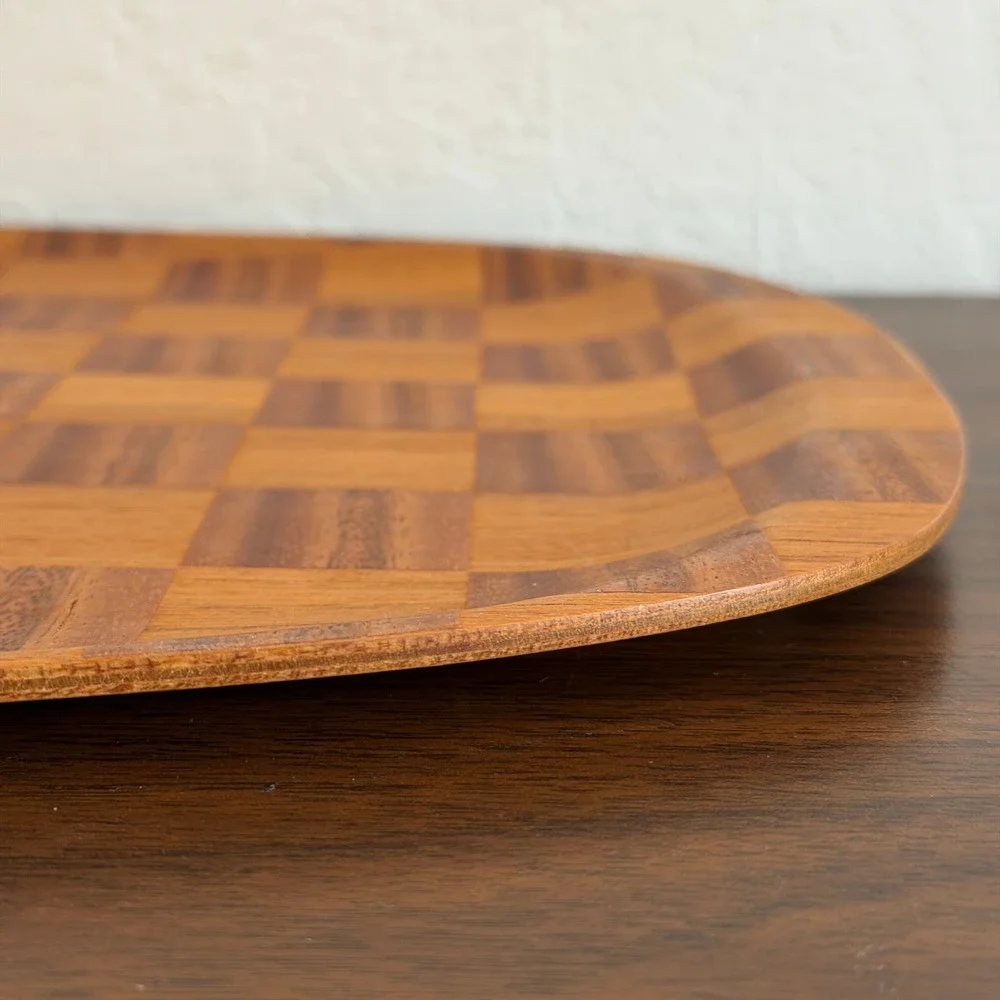 Vintage Mid-Century Woven Wood Serving Tray Checkered Viking Hand Made Japan MCM
